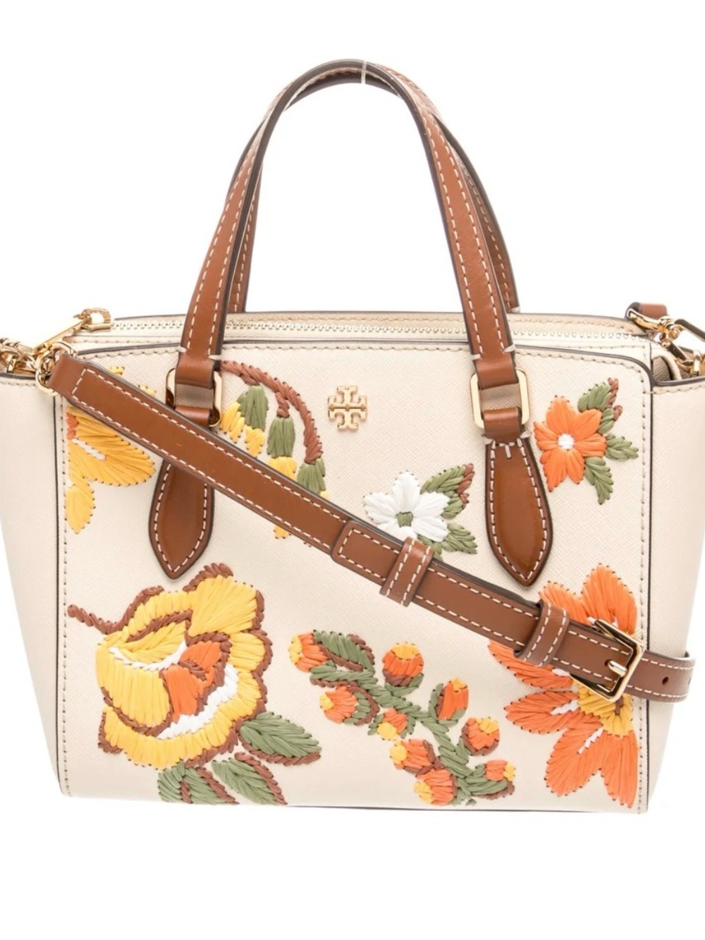 Tory Burch Cream Satchel with Orange, Yellow & Green Floral Embroidery